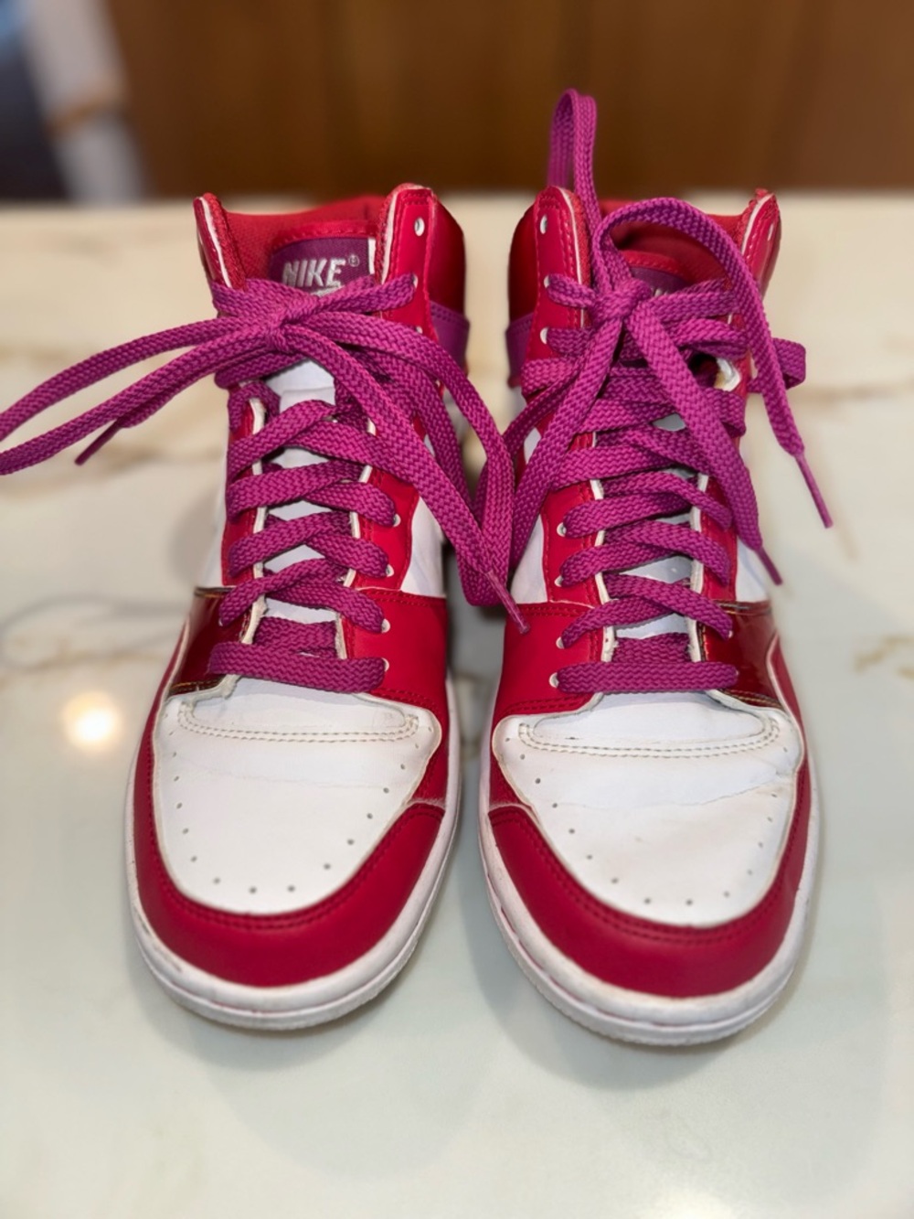 Nike Court Force pink with metallic Women’s High-Top Sneakers in Pink and White